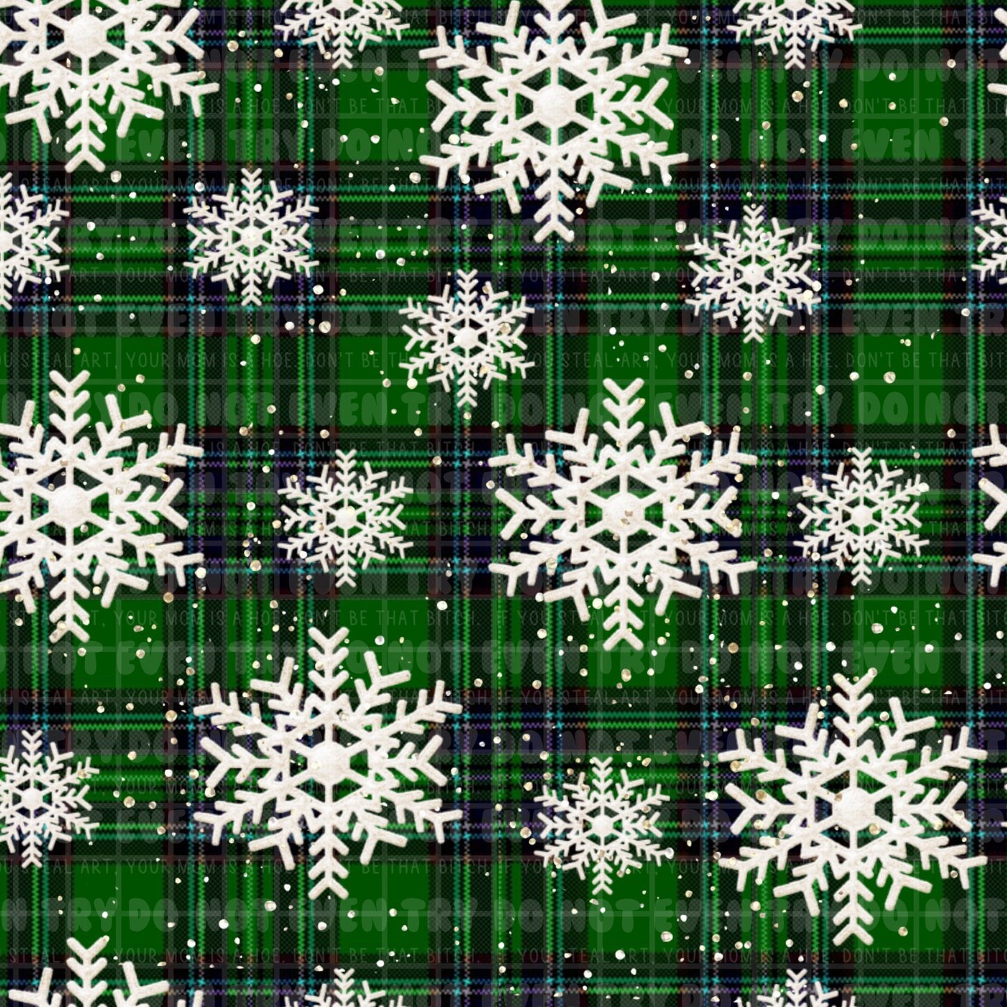 Snowflakes on green plaid